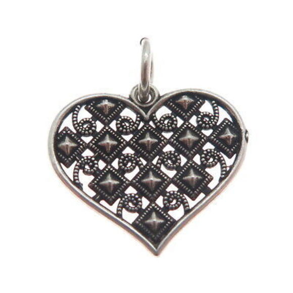 925 Sterling Silver Vintage Heart Filigree Oxidized Charm Pendant - Picture 4 of 6